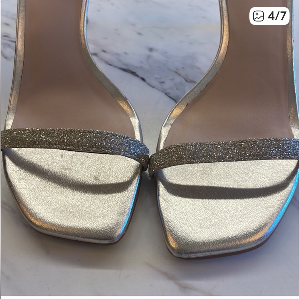 Stuart Weitzman Metallic Silver Glitter Ankle-Strap Heels - Picture 3 of 6